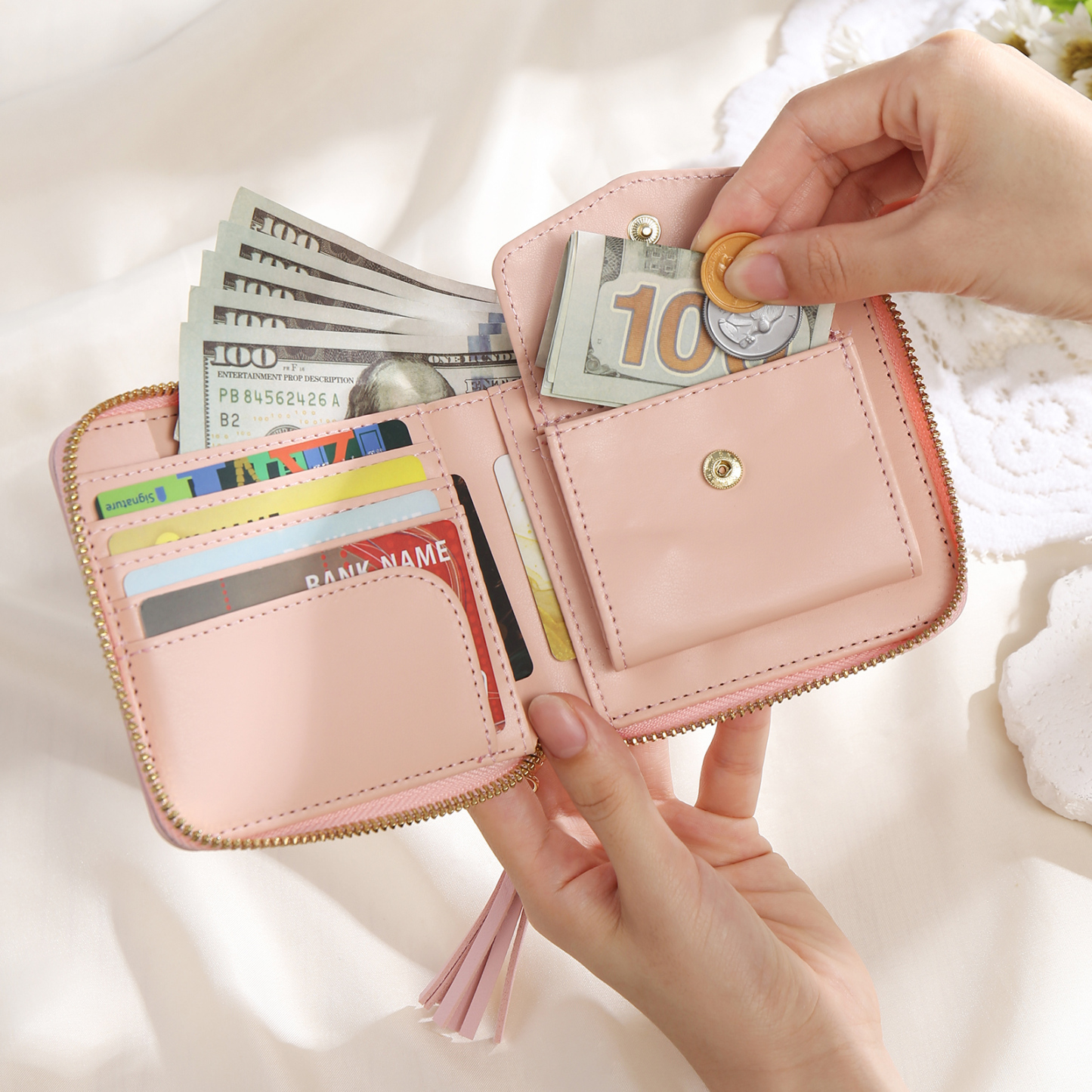 Personalized Photo and Text Pu Leather Pink Folding Women Wallet for Her