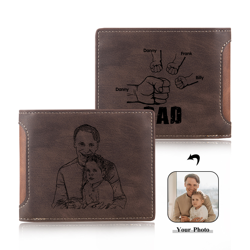 4 Names - Personalized Photo Custom Leather Men's Folding Wallet as a Father's Day Gift for Dad