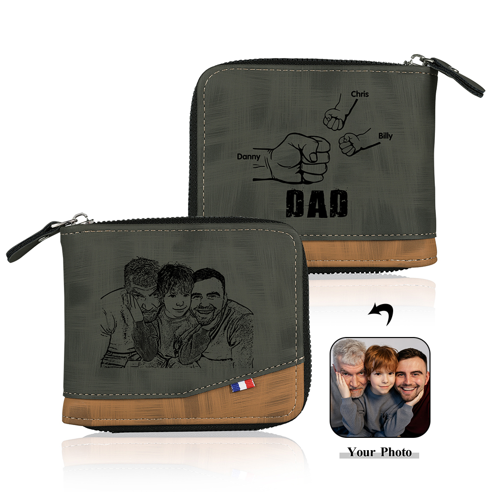 3 Names - Personalized Photo Custom Leather Men's Zipper Wallet as a Father's Day Gift for Dad