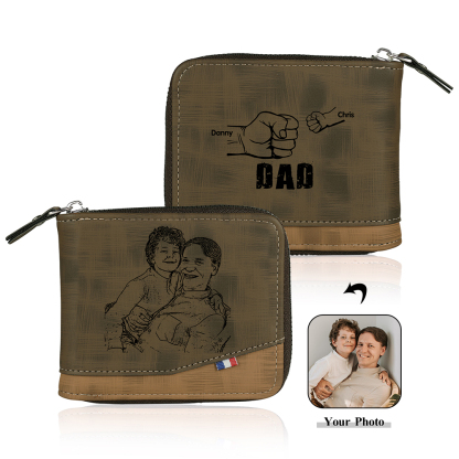 2 Names - Personalized Photo Custom Leather Men's Zipper Wallet as a Father's Day Gift for Dad