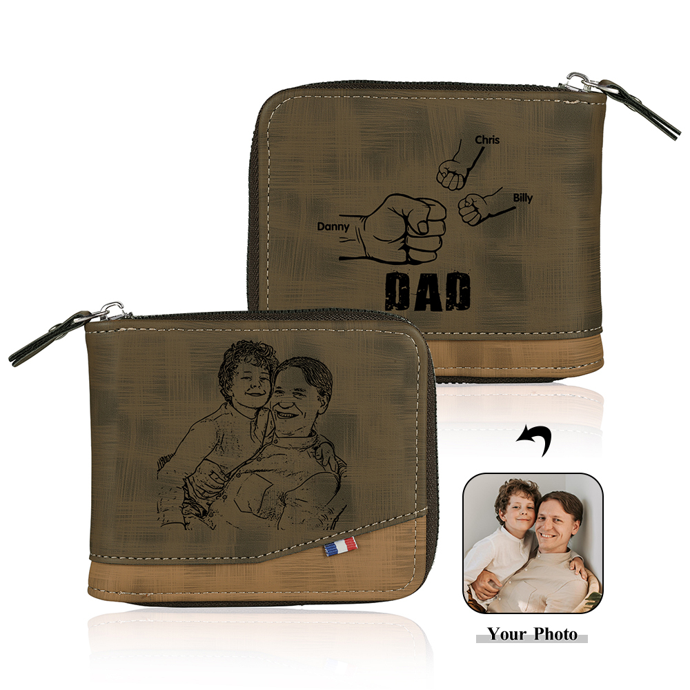 3 Names - Personalized Photo Custom Leather Men's Zipper Wallet as a Father's Day Gift for Dad