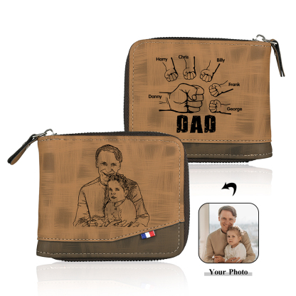 6 Names - Personalized Photo Custom Leather Men's Zipper Wallet as a Father's Day Gift for Dad