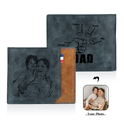 4 Names - Personalized Photo Custom Leather Men's Folding Wallet as a Father's Day Gift for Dad