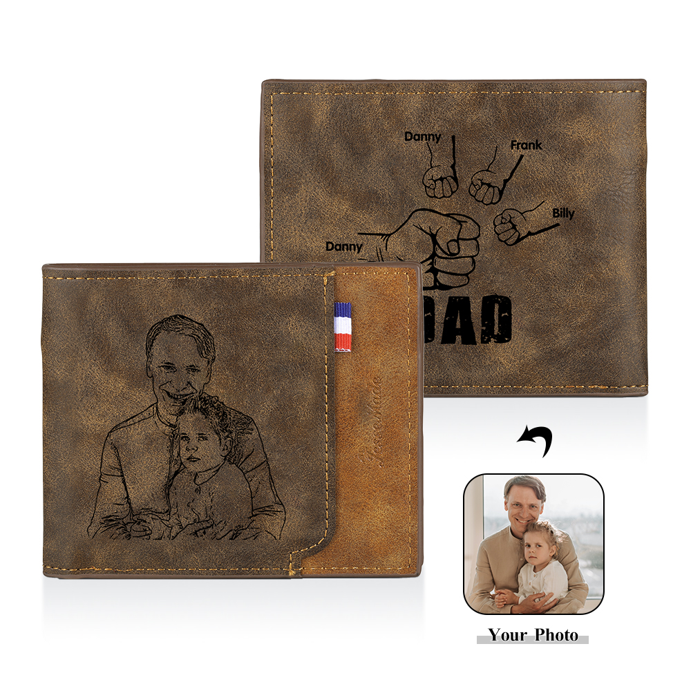 4 Names - Personalized Photo Custom Leather Men's Folding Wallet as a Father's Day Gift for Dad