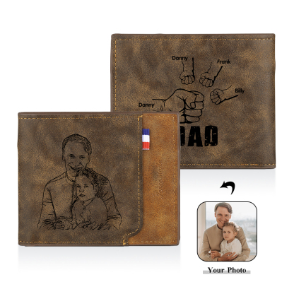 4 Names - Personalized Photo Custom Leather Men's Folding Wallet as a Father's Day Gift for Dad