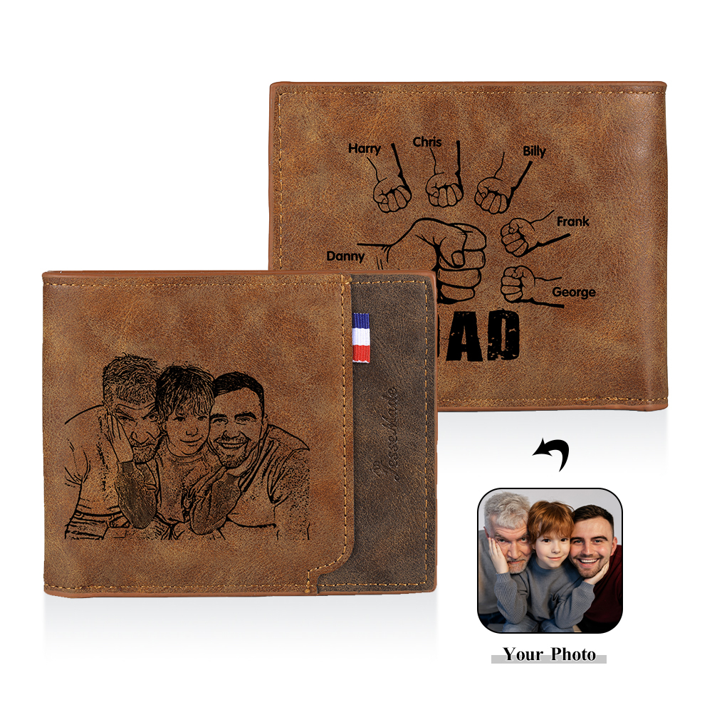 6 Names - Personalized Photo Custom Leather Men's Folding Wallet as a Father's Day Gift for Dad