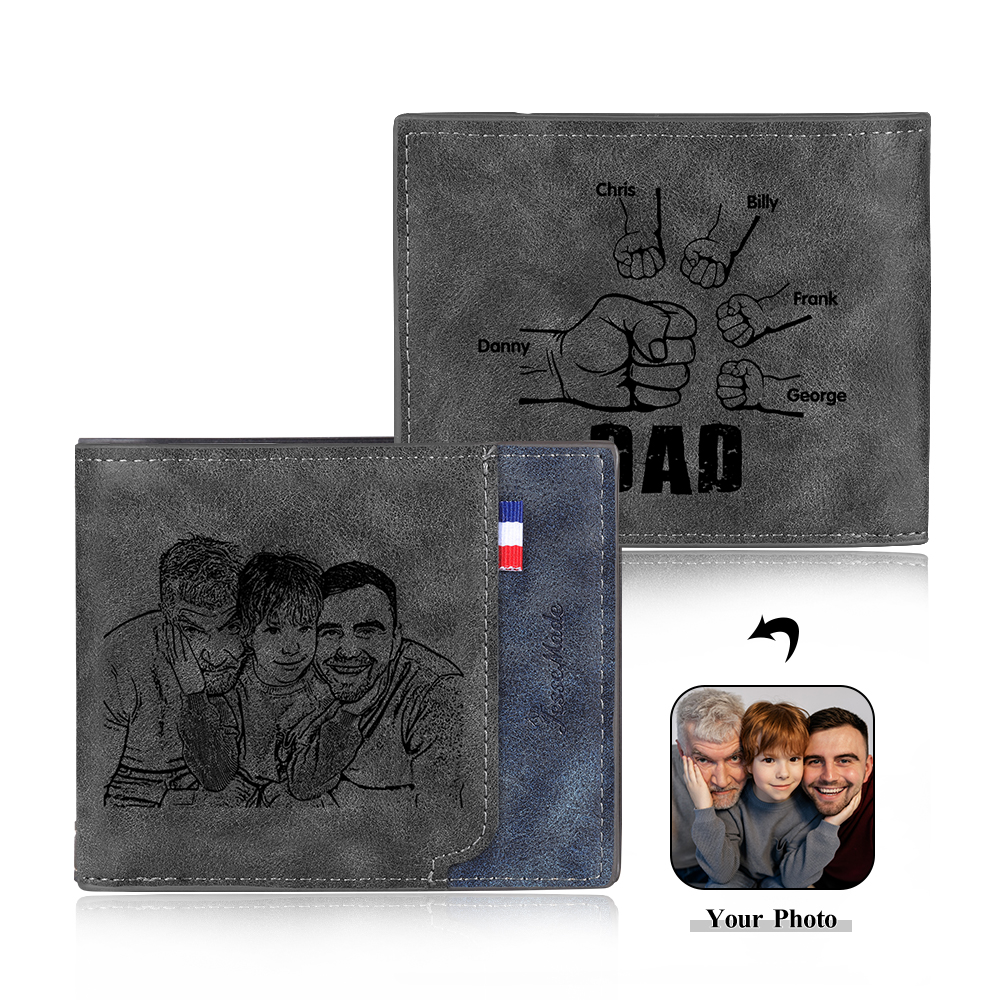 5 Names - Personalized Photo Custom Leather Men's Wallet as a Father's Day Gift for Dad