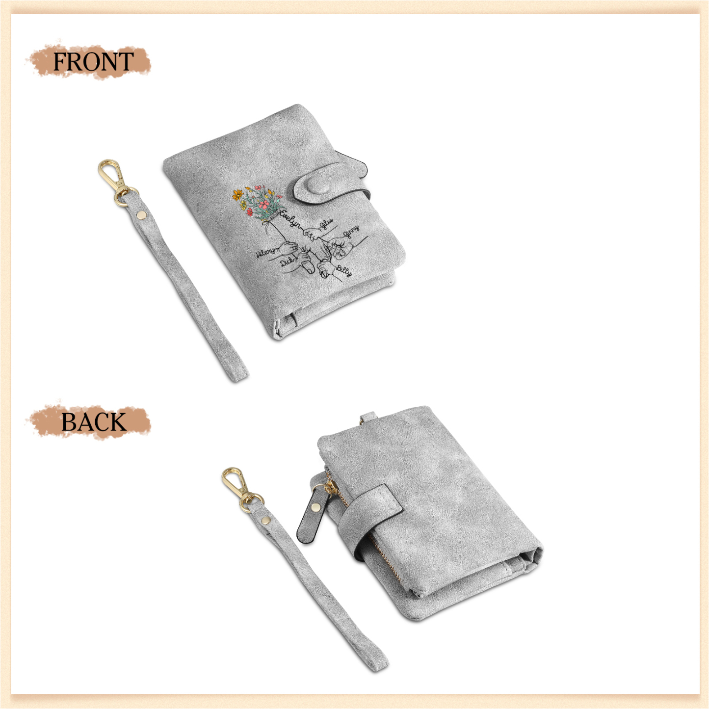 6 Names - Personalized Women's Wallet Customized 6 Names Hand in Hand Folding Women's Wallet Gift for Nan