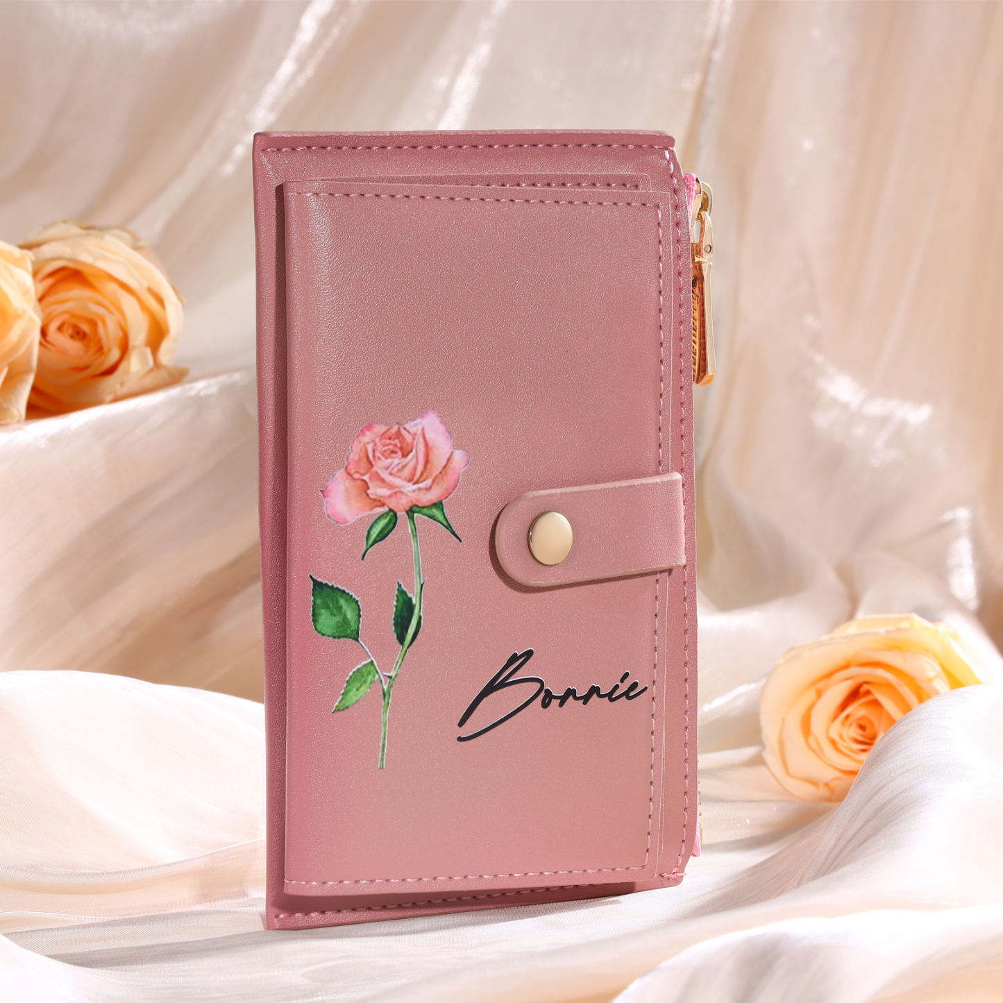 Personalized Women's Wallet Custom Na and Lettering Blue/Pink Leather