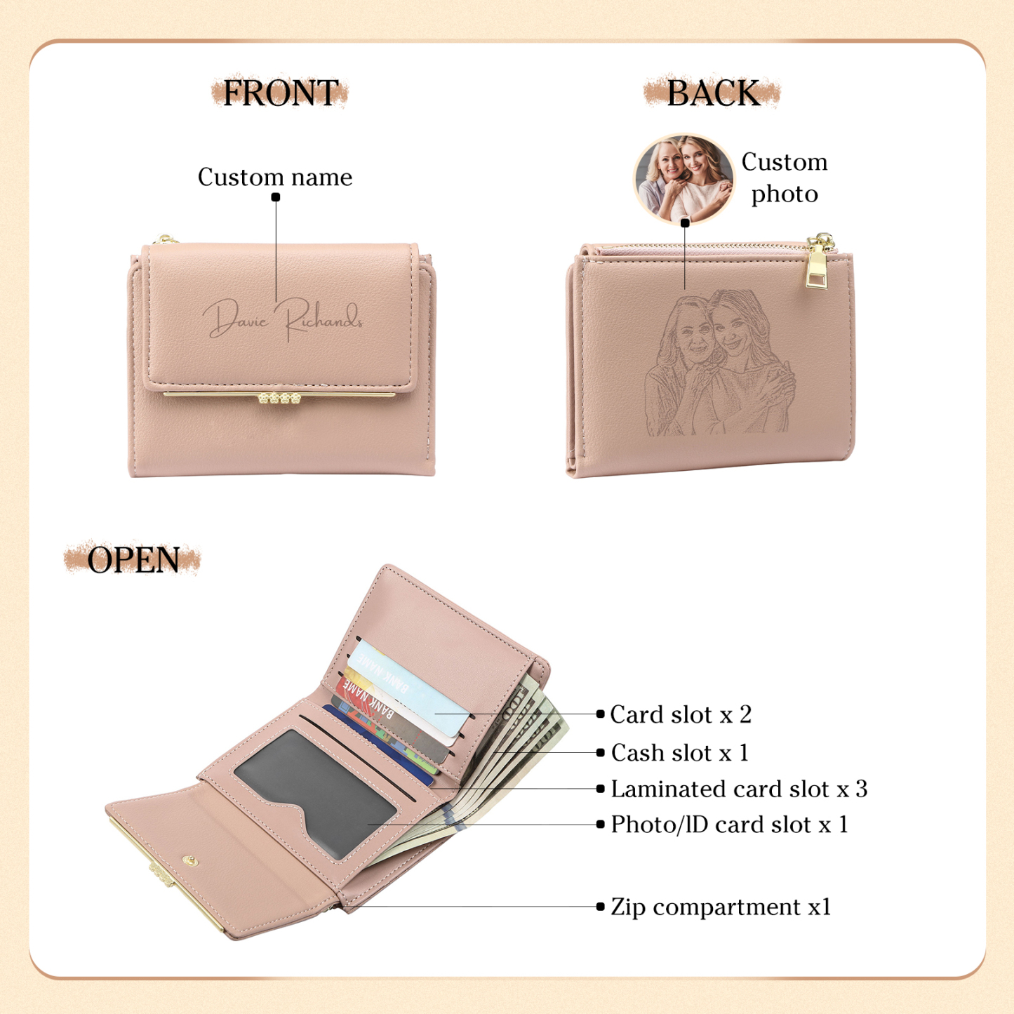 Personalized Women's Wallet Custom Name and Photo Leather Folding Zipper Wallet for Her | Jessmade
