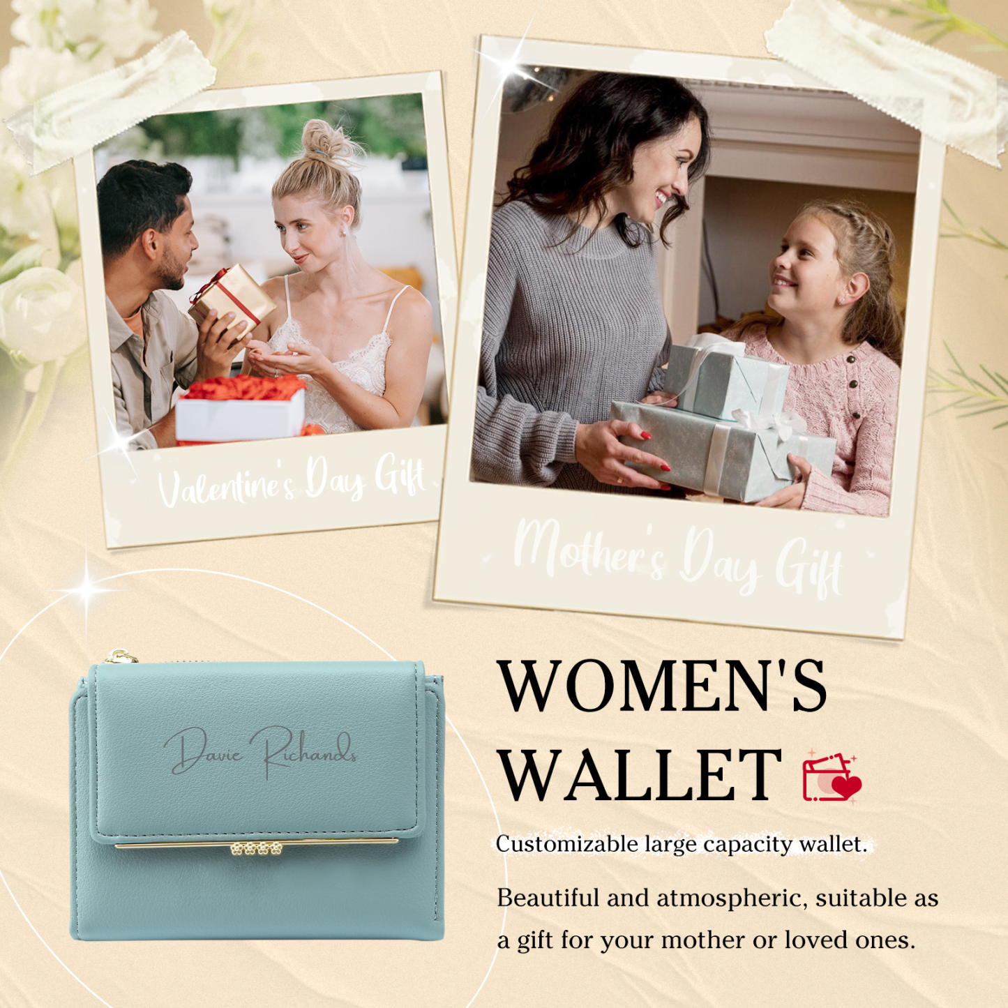 Personalized Women's Wallet Custom Name and Photo Leather Folding Zipper Wallet for Her | Jessmade