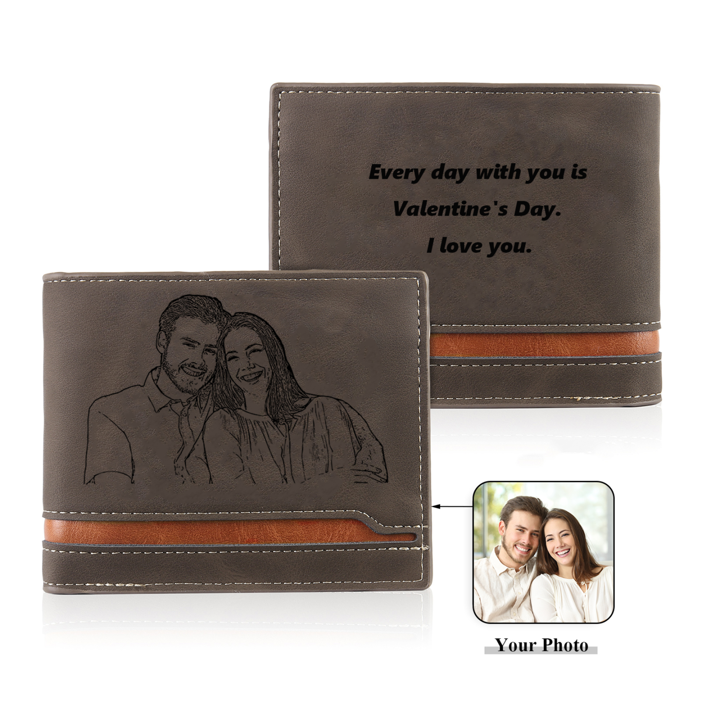 Personalised Men’s Wallet - Customized Photo and Text PU Leather Brown