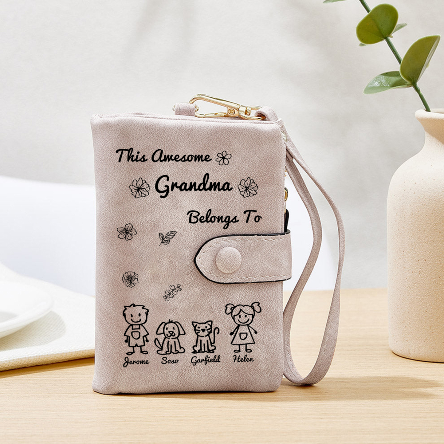 Personalized Women Wallet Custom 1–6 Names & Pattern Leather Wallet Pink Gift for Her "This Awesome Grandma Belongs To" | Jessmade