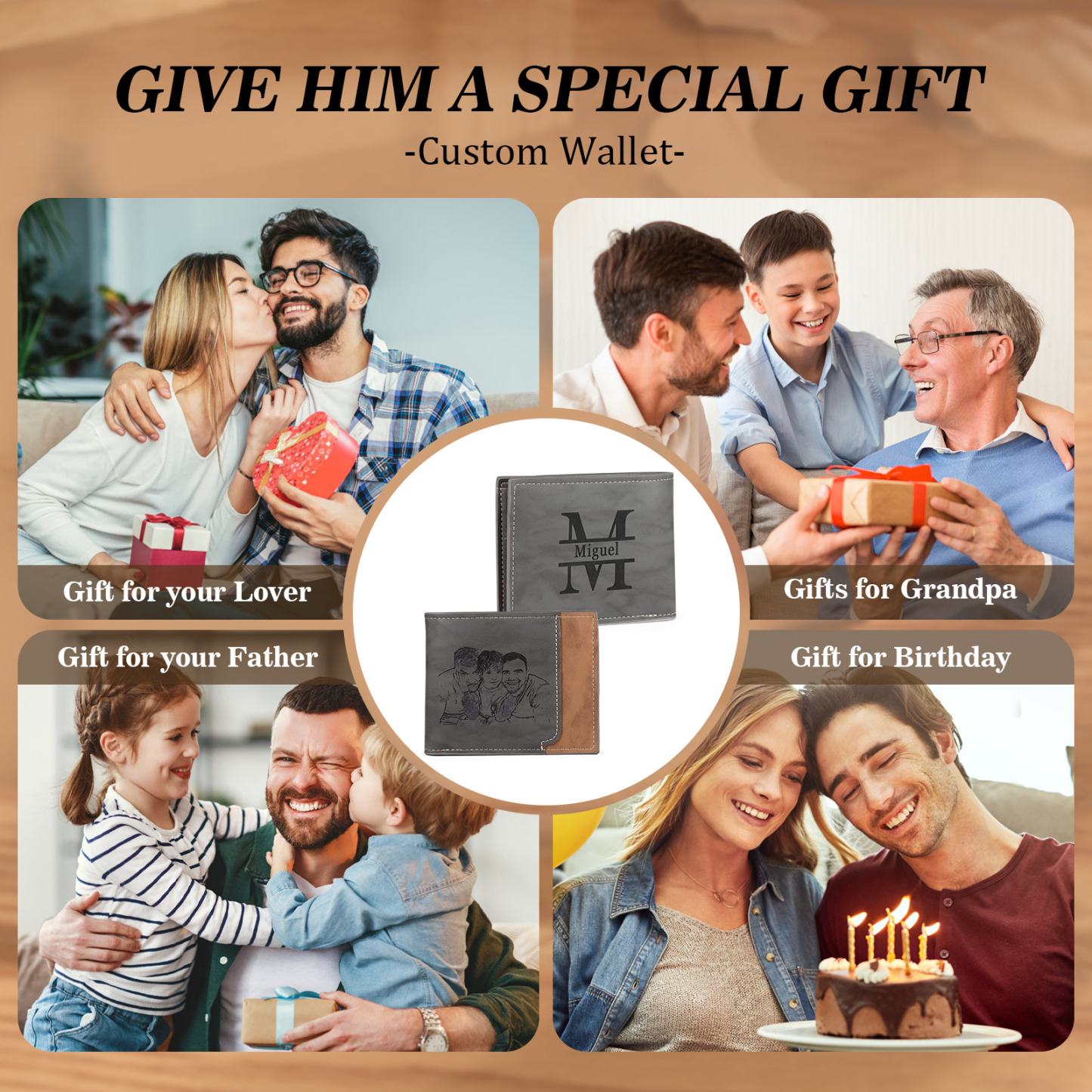 Personalized Men's Wallet with Custom Photo & Name & Letter PU Leather Wallet Christmas Gift for Dad/Grandpa | Jessemade