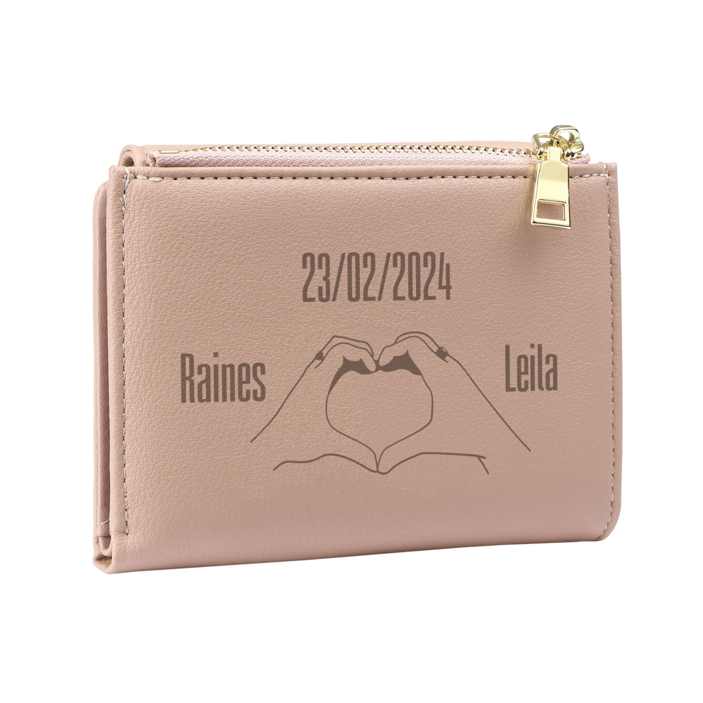 Personalised Women’s Wallet with Custom 2 Names, 1 Date, Text & Heart Gesture Design – Valentine’s Day Gift for Her | Jessemade
