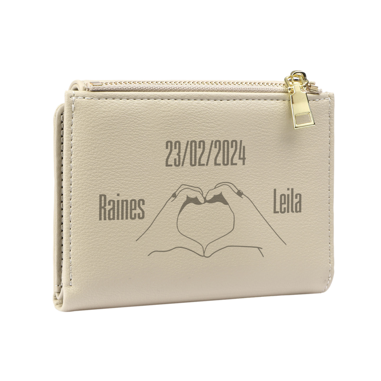 Personalised Women’s Wallet with Custom 2 Names, 1 Date, Text & Heart Gesture Design – Valentine’s Day Gift for Her | Jessemade