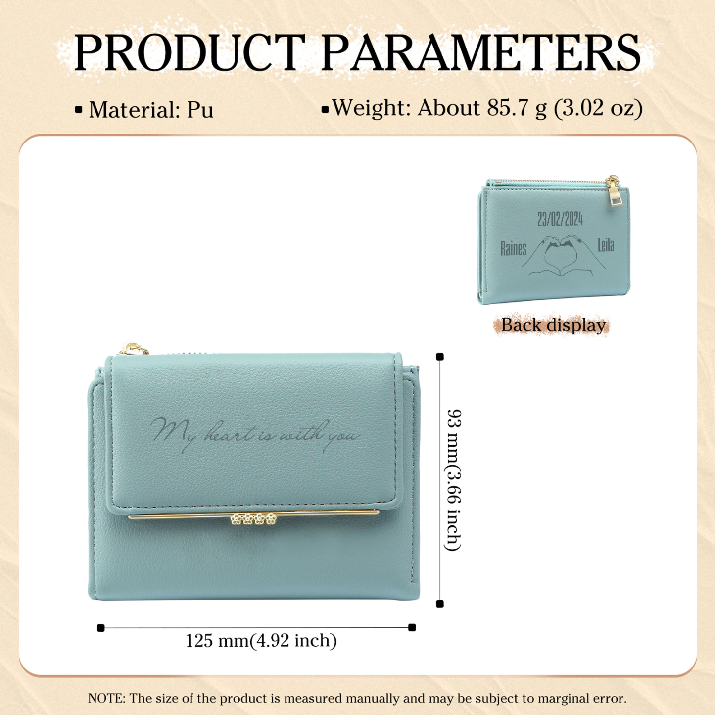 Personalised Women’s Wallet with Custom 2 Names, 1 Date, Text & Heart Gesture Design – Valentine’s Day Gift for Her | Jessemade