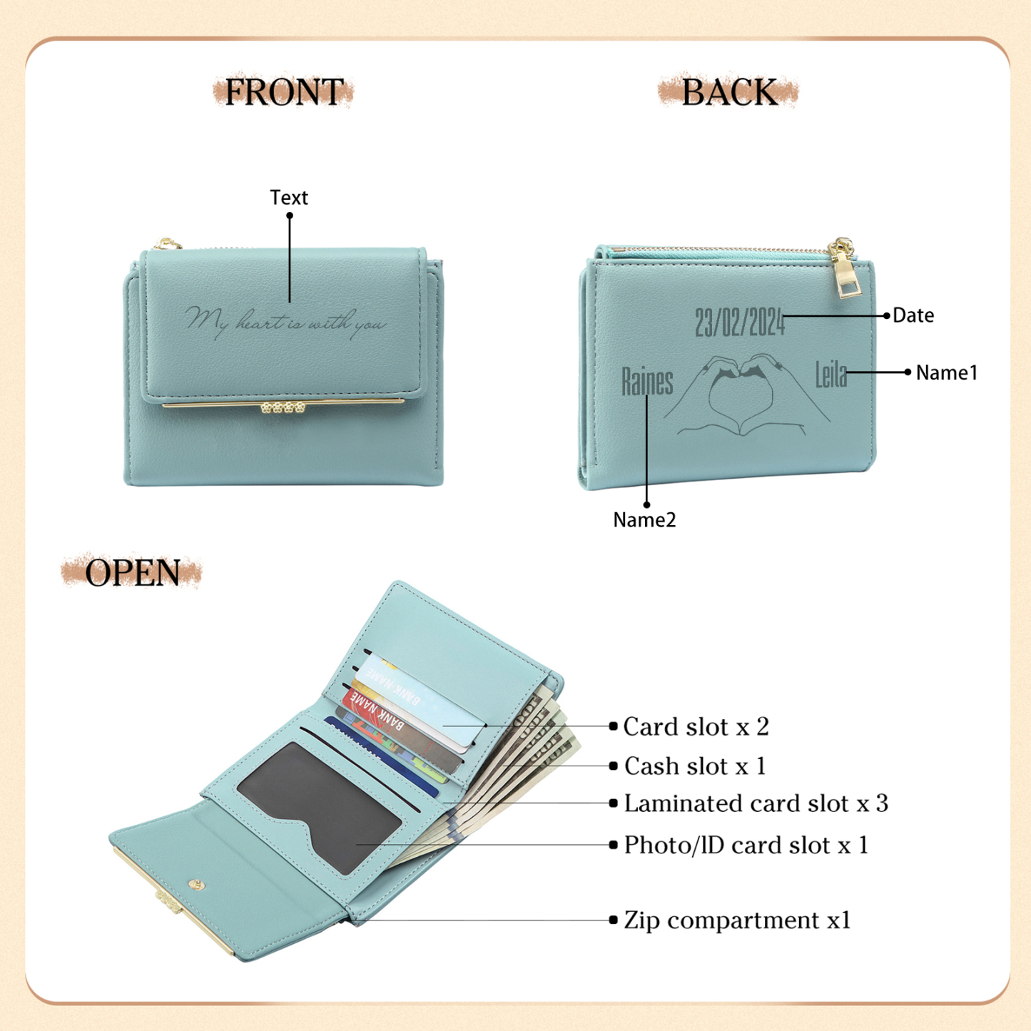 Personalised Women’s Wallet with Custom 2 Names, 1 Date, Text & Heart Gesture Design – Valentine’s Day Gift for Her | Jessemade