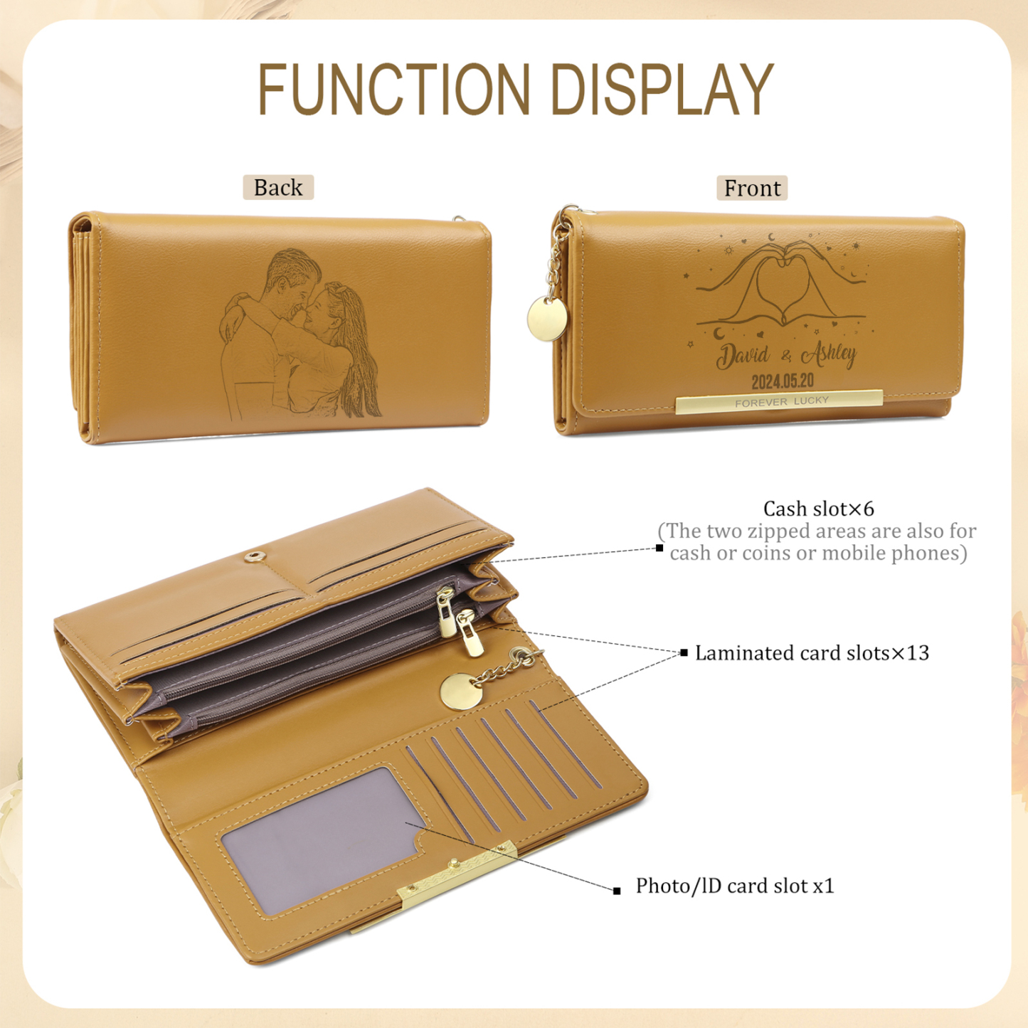 Personalised Women’s Wallet – Custom Names, Photo, Date & “Heart-in-Hand” Engraving with Stars – Available in Yellow, Blue & Pink – Valentine’s Day Gift for Her | Jessemade