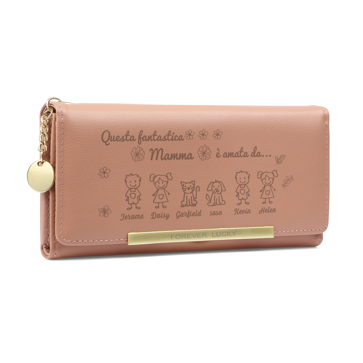 Personalized Pink Photo Wallet with 6 Names – A Unique Gift for Mother’s Day