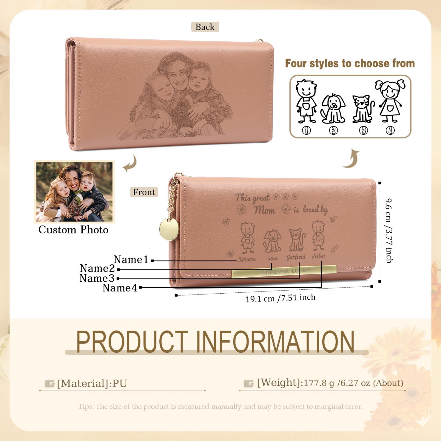 4 Names & Icon & Photo - Personalized PU Leather Mom Wallet – Thoughtful Mother’s Day Gift