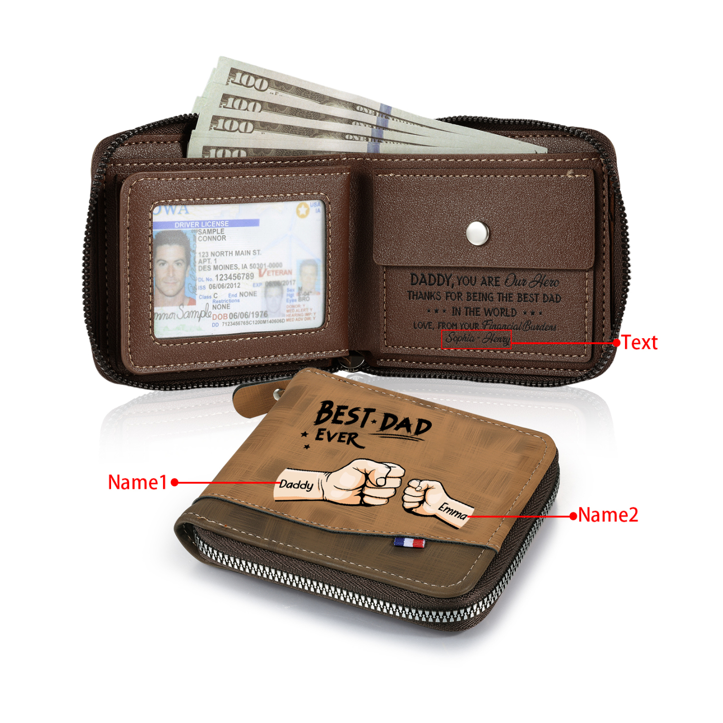 2 names - Custom Fist Wallet with Personalized Name & Text - Gifts for Father’s Day