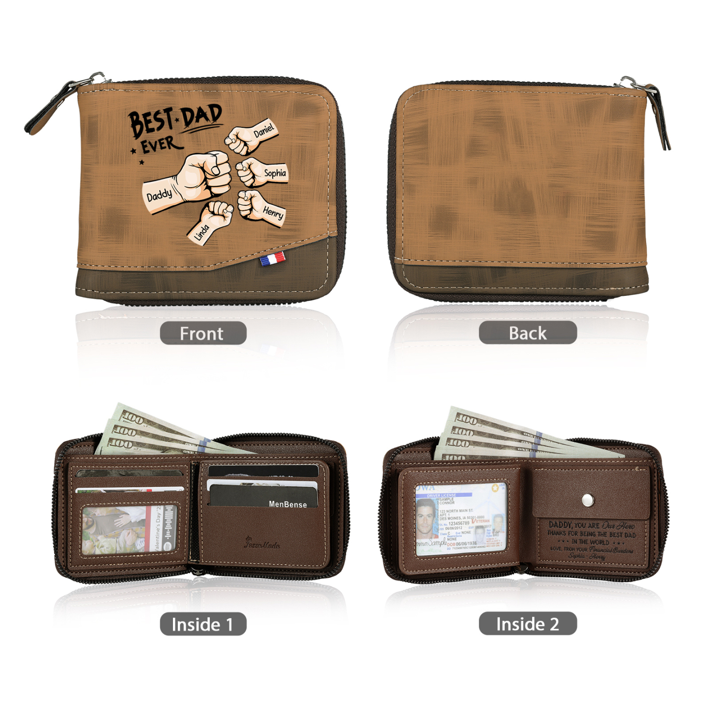 5 names - Custom Fist Wallet with Personalized Name & Text - Gifts for Father’s Day