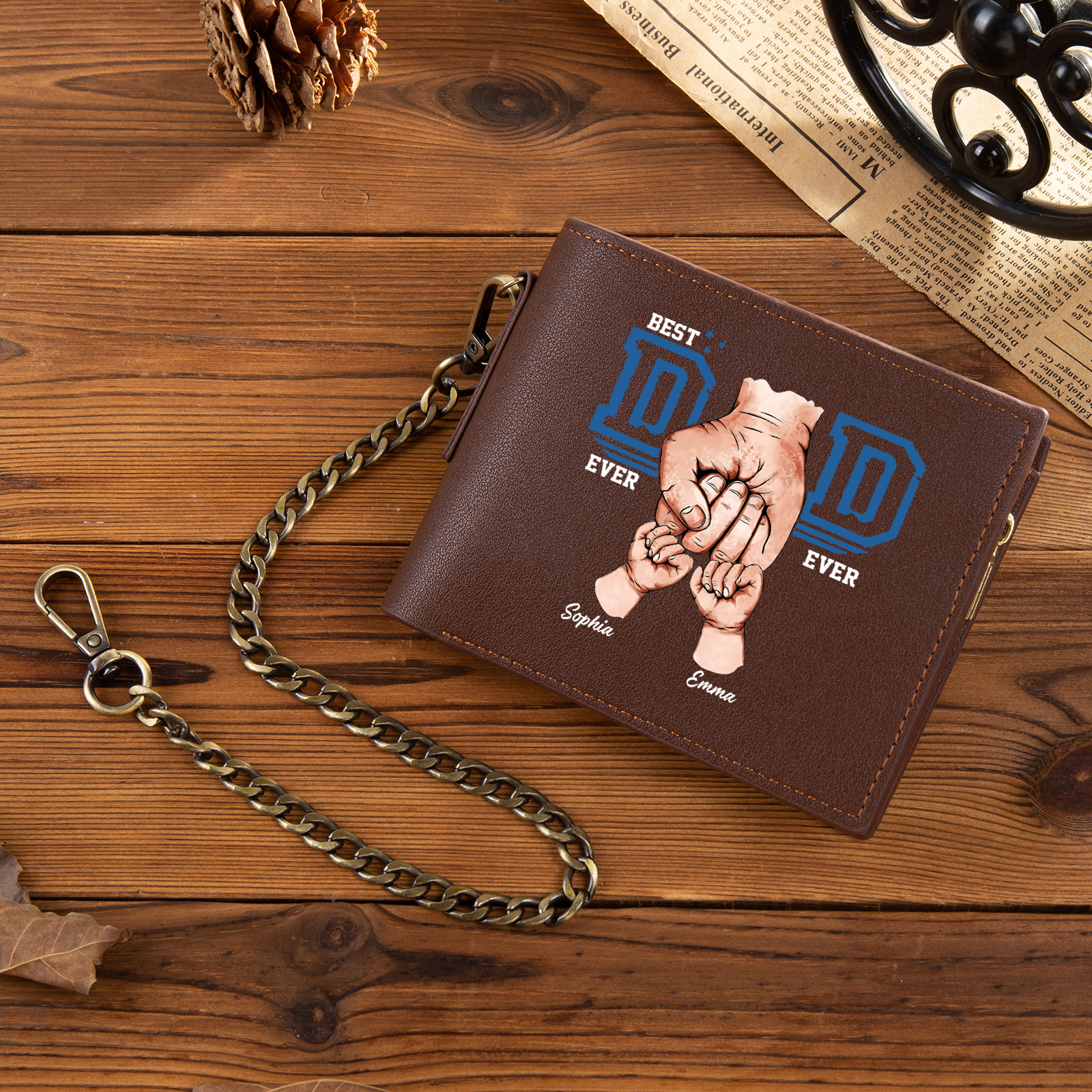 2 names - Personalized Wallet for Dad - Unique Fist Bump Design with Chain – PU Leather Bifold Father's Day Gift 