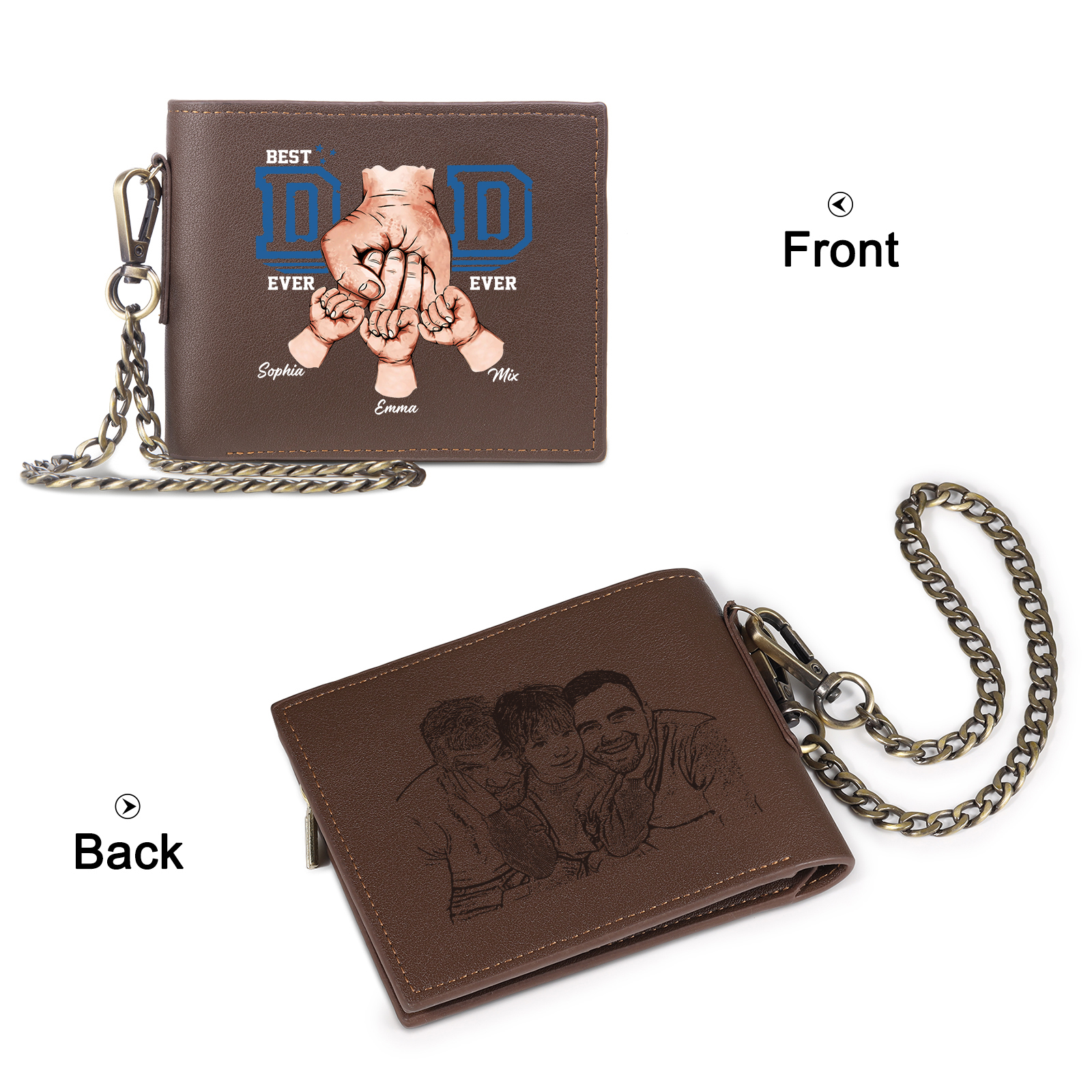 3 names - Personalized Wallet for Dad - Unique Fist Bump Design with Chain – PU Leather Bifold Father's Day Gift 