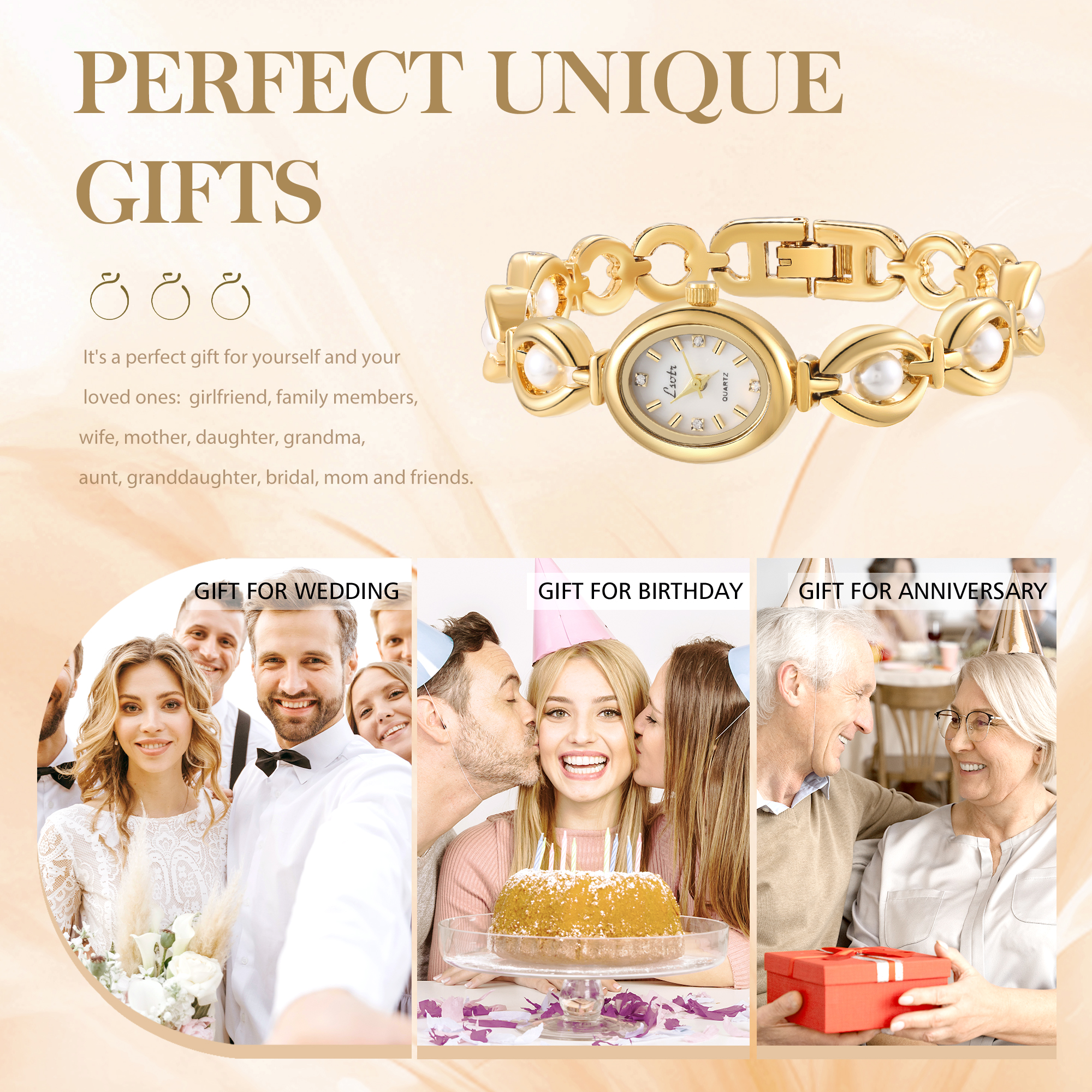 Personalized Women's Watch - Elegant Gold Bracelet Watch with Pearls - Customize with 1 Name Gift for Her | Jessemade