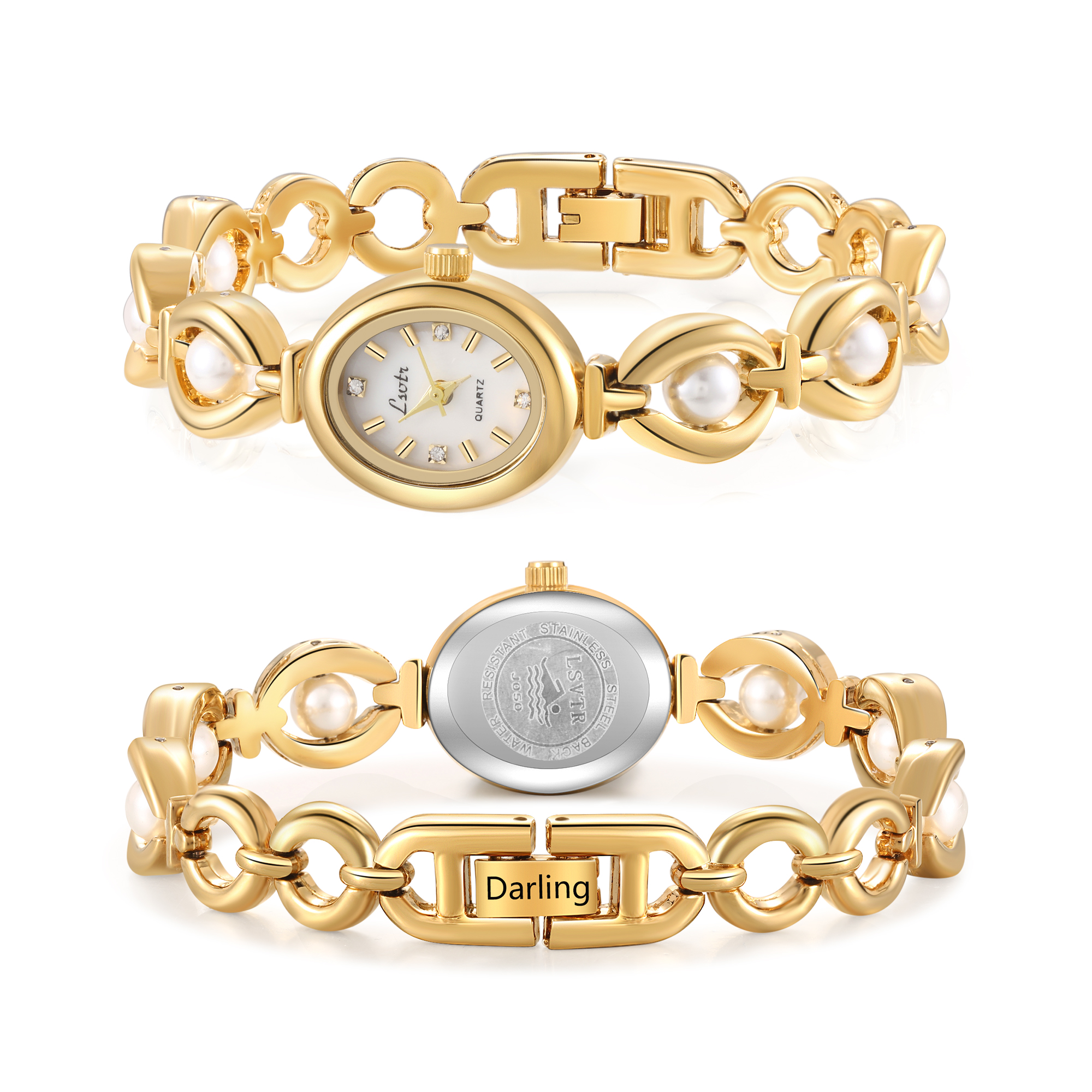 Personalized Women's Watch - Elegant Gold Bracelet Watch with Pearls - Customize with 1 Name Gift for Her | Jessemade