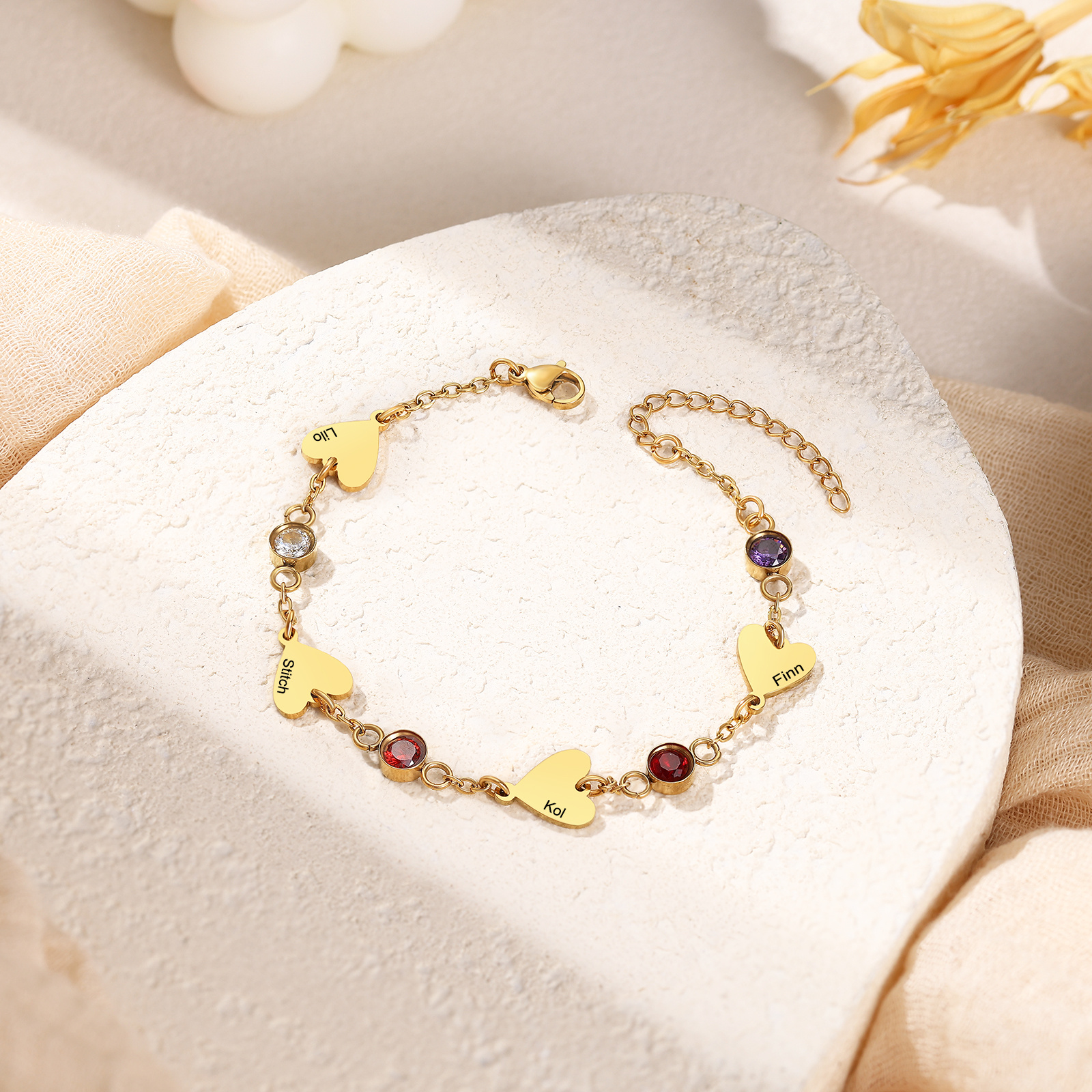 Personalized 1-5 Names Gold Heart Birthstone Chain Bracelet