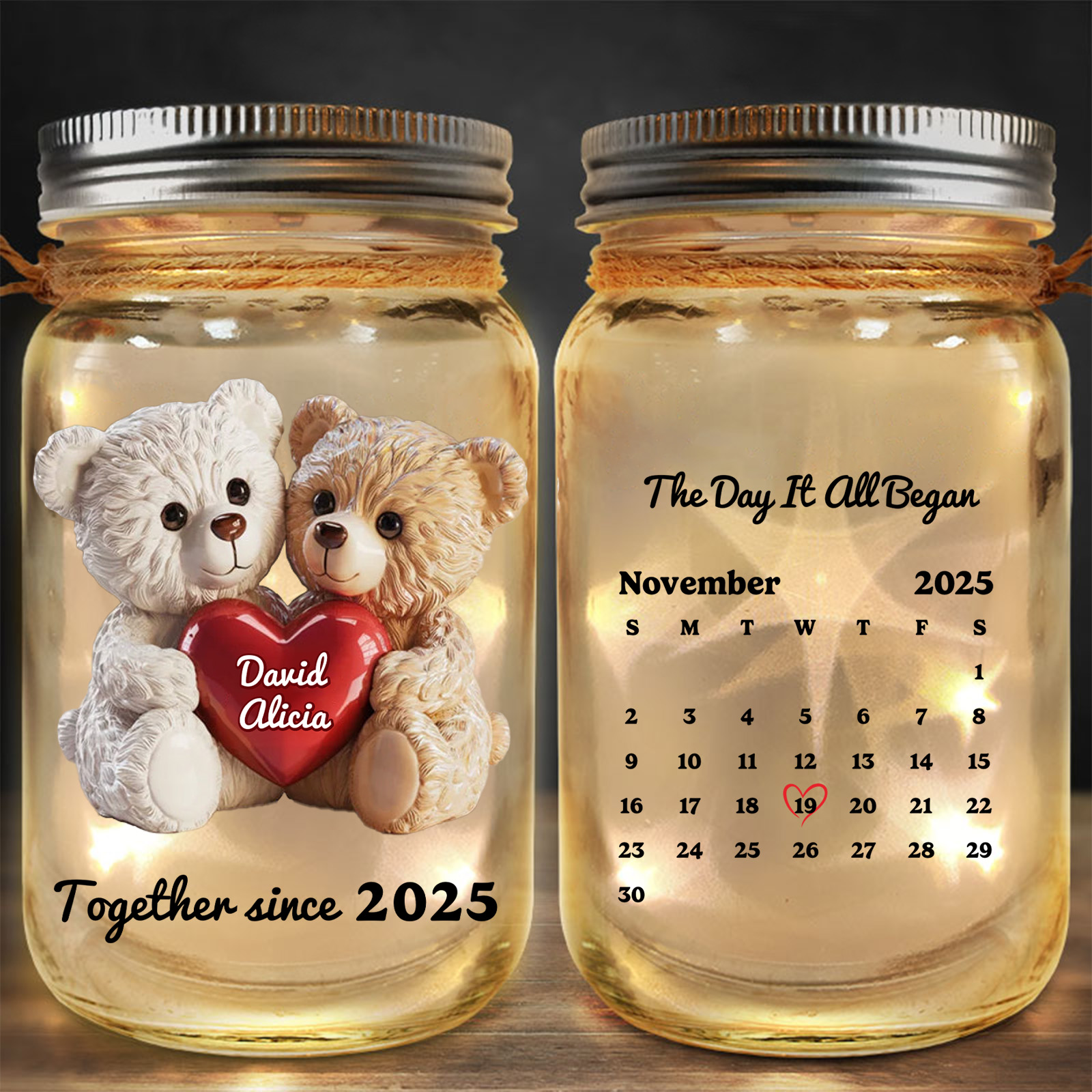 Personalized Solar Mason Jar Light-Up with Names and Date For Couple