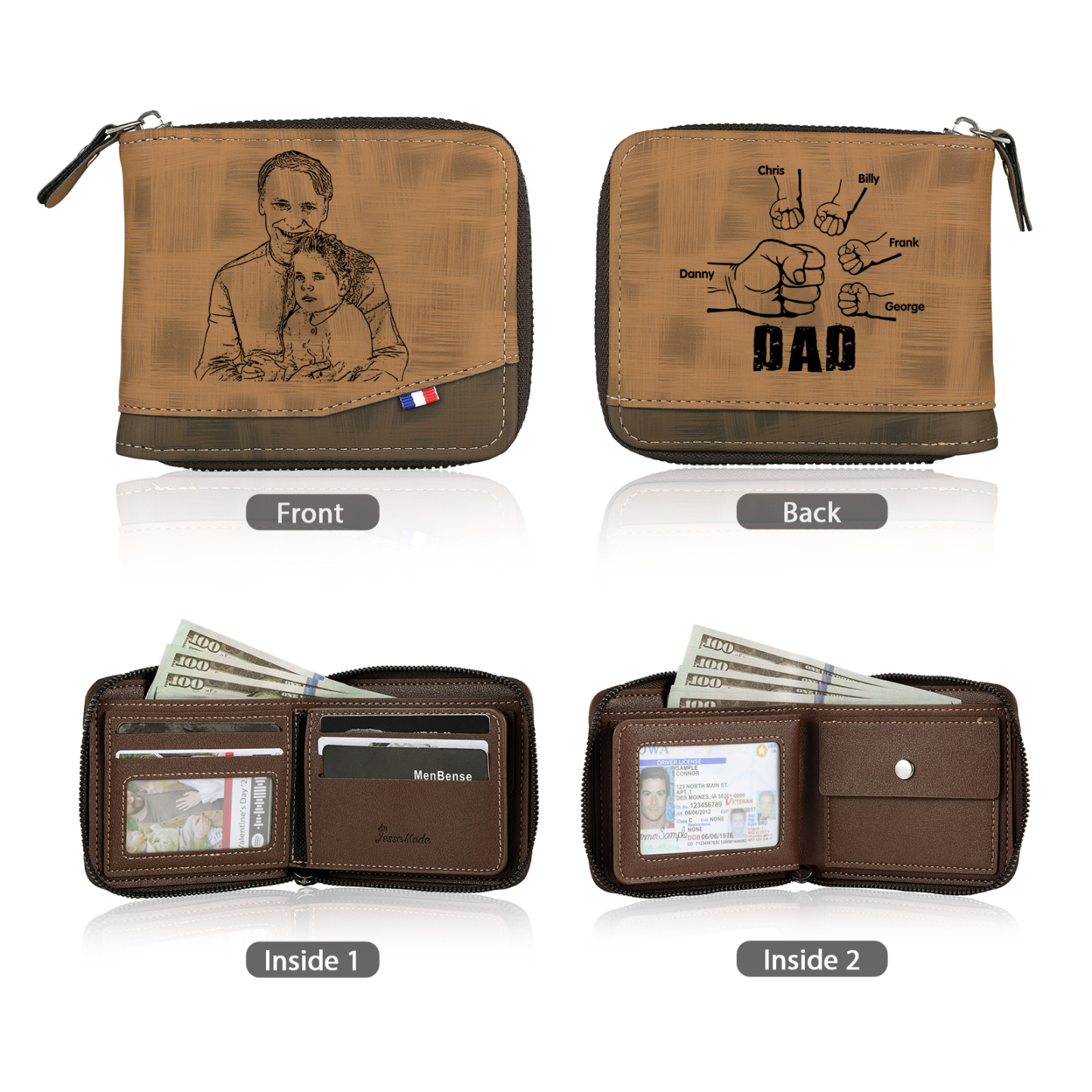 5 Names - Personalized Photo Custom Leather Men's Zipper Wallet as a Father's Day Gift for Dad