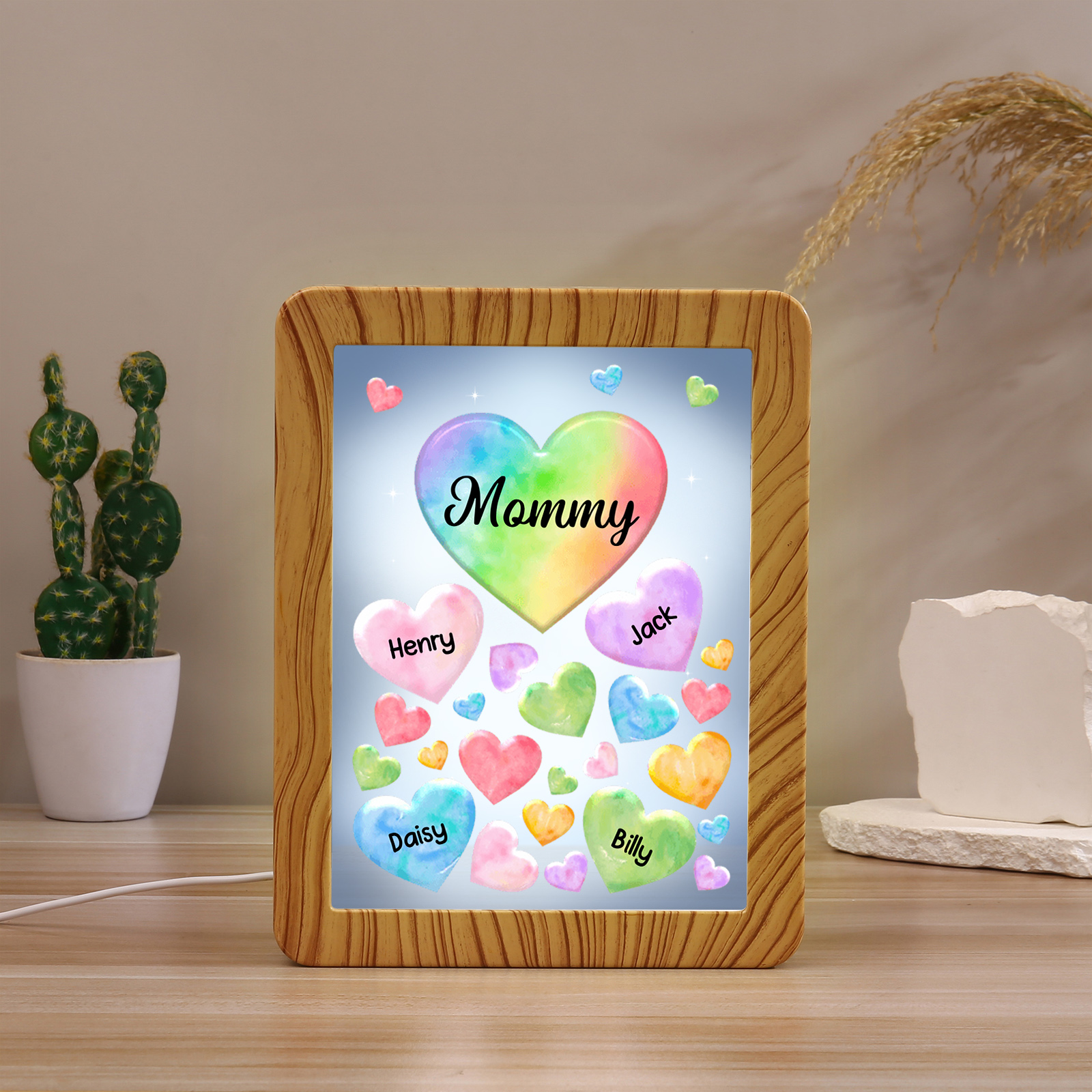 4 Names - Personalized Mom Home Wood Color Plug-in Mirror Photo Frame Custom Text LED Night Light Gift for Mom