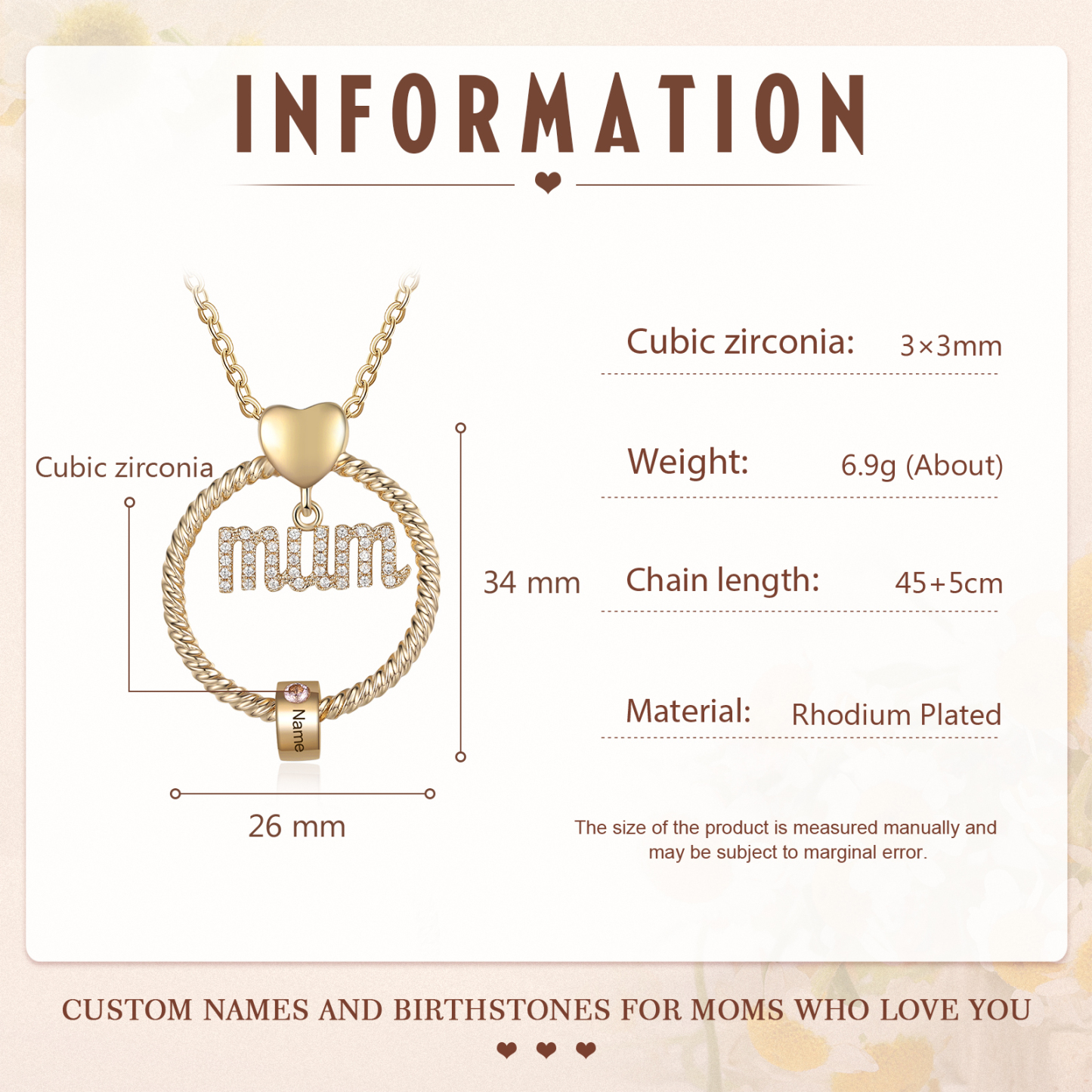 Personalized Circle Necklace With 1 Birthstone Pendant Engraved Names Gift For Mum