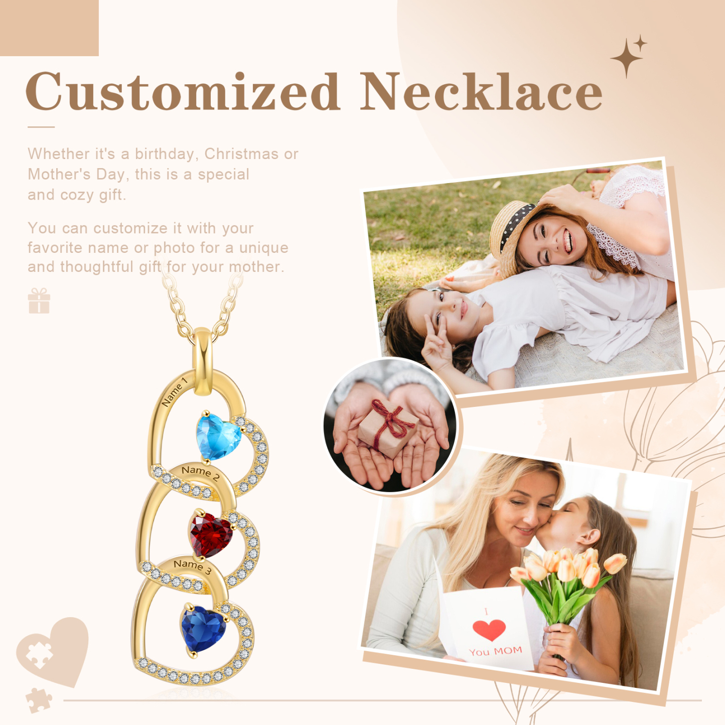 3 Names-Personalized Hearts Necklace Custom Birthstone Necklace Gifts for Mom