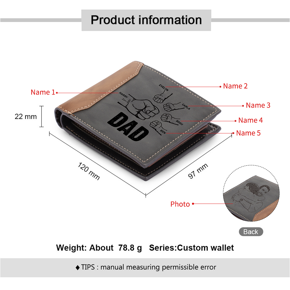 5 Names - Personalized Fist Bump Photo Custom Leather Men's Wallet wITHas a Father's Day Gift for Dad