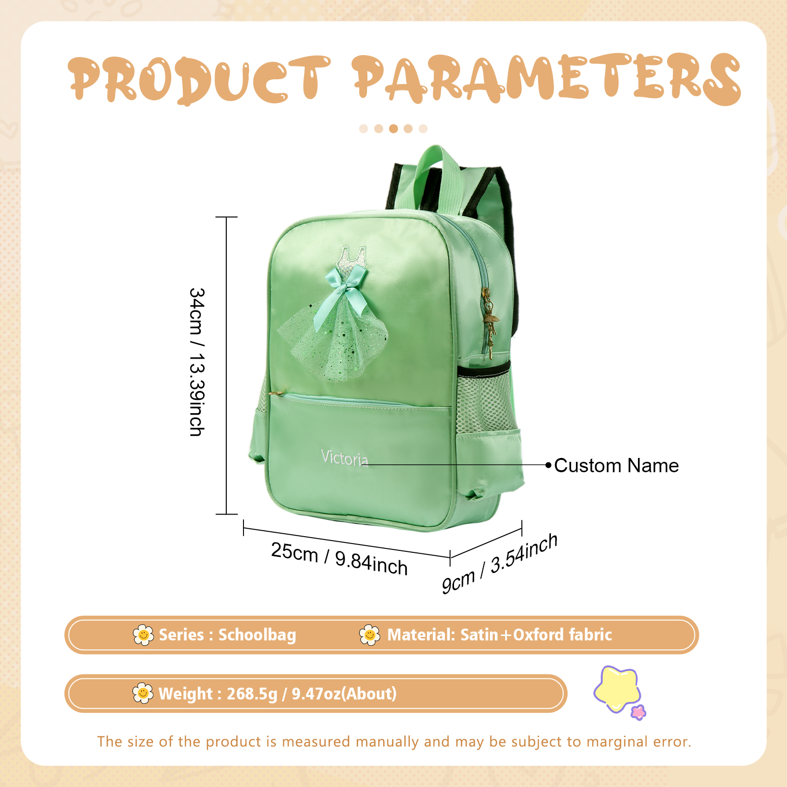 Personalized Name Band Princess Dress Accessories Satin Children Backpack Back To School Gift