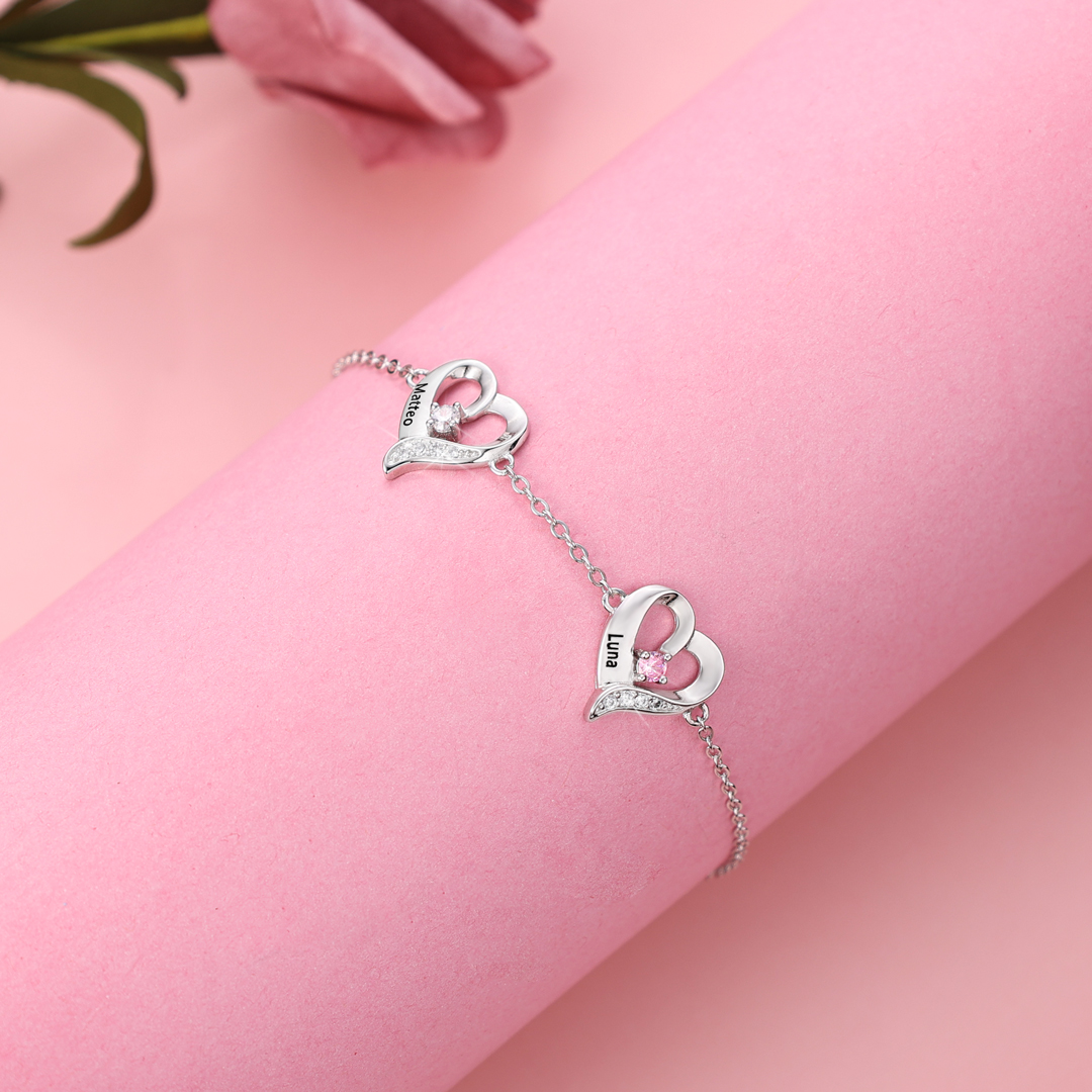 2 Names-Personalized Heart Bracelet With 2 Birthstones Engraved Names Bangle For Her