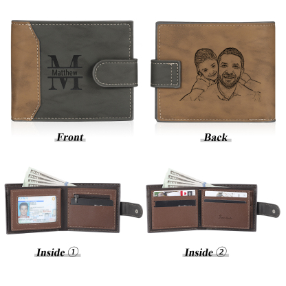 Personalized Leather Wallet Gift Box Set Keychain Strap Customizable 2 Photos 1 Letter and 1 Name Gift for Dad