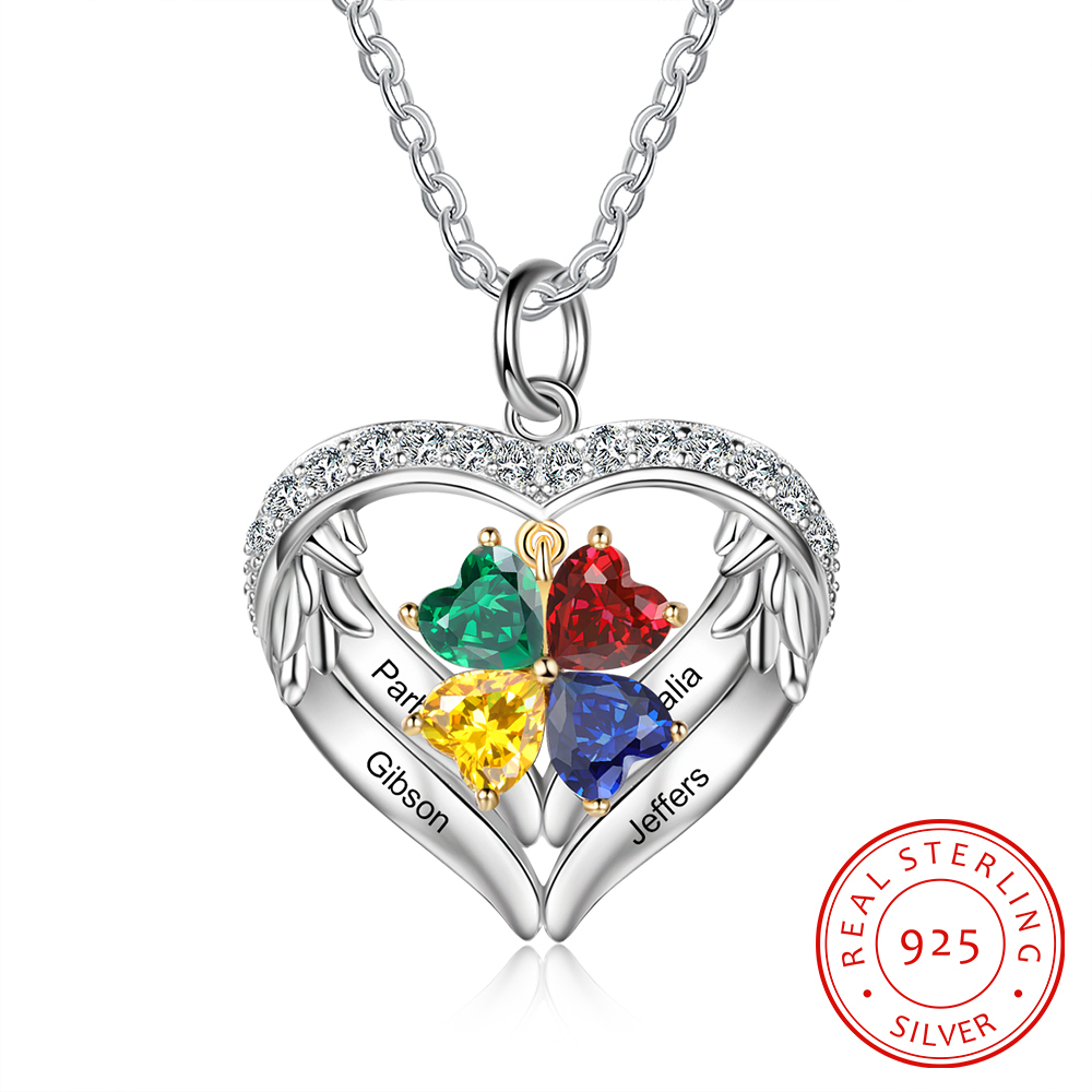 925 Sterling Silver 4 Birthstones heart Mother Necklace