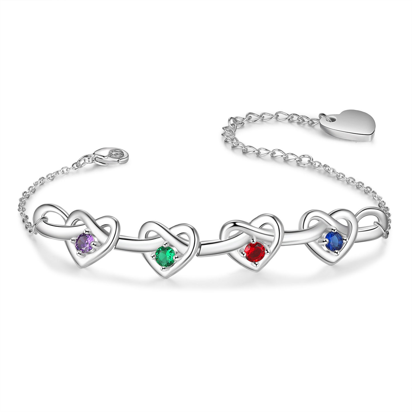 4 Names-Personalized Linked Heart Bracelet With 4 Birthstones Engraved Names And Text Bangle For Her