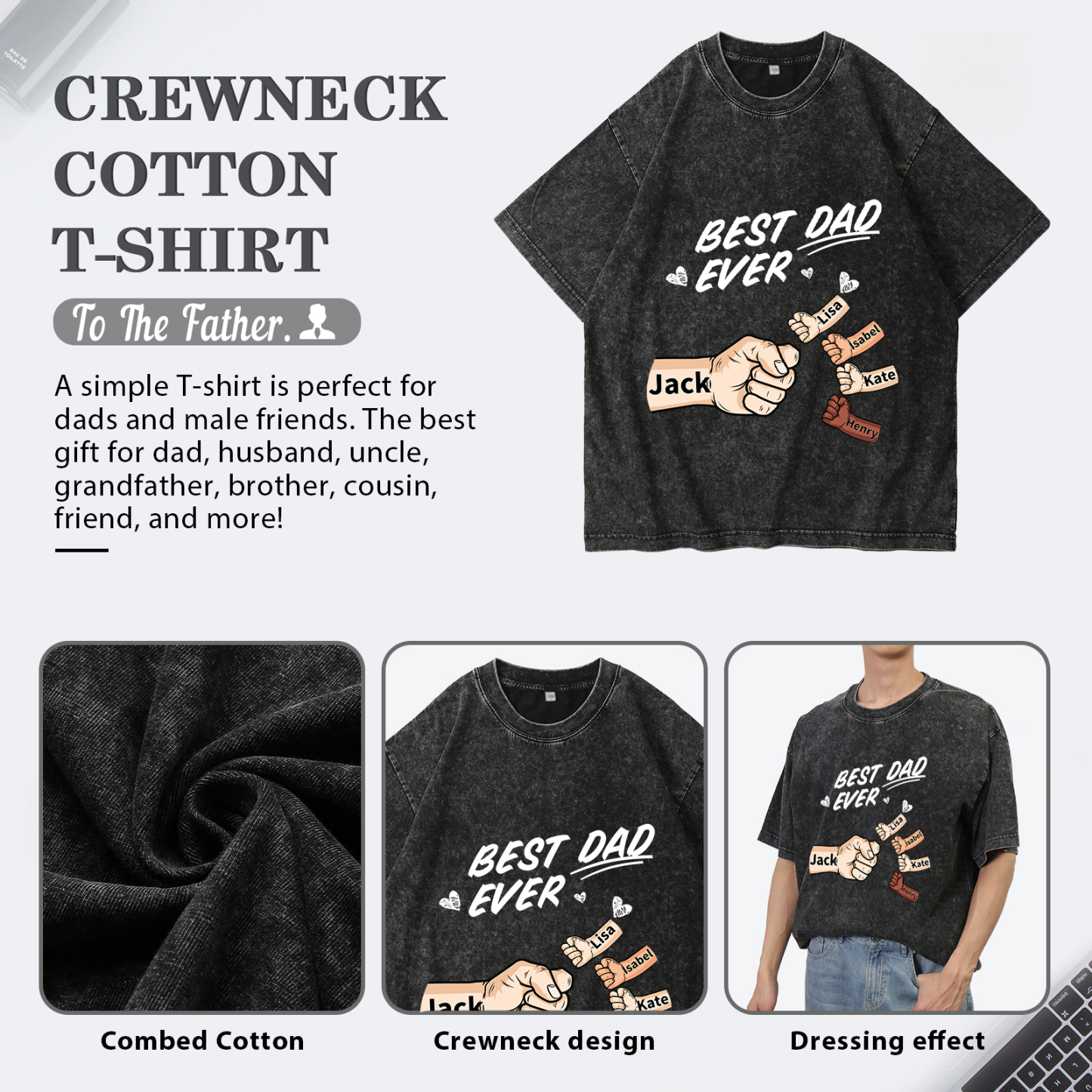 Best Dad Ever - Personalised 2–7 Names Family T-Shirt Custom Fist Bump Short Sleeve Father's Day Gifts For Dad