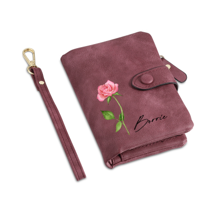 Purple Color Personalized Birthday Flower Leather Wallet Engraving Name Wallet Gifts for Women