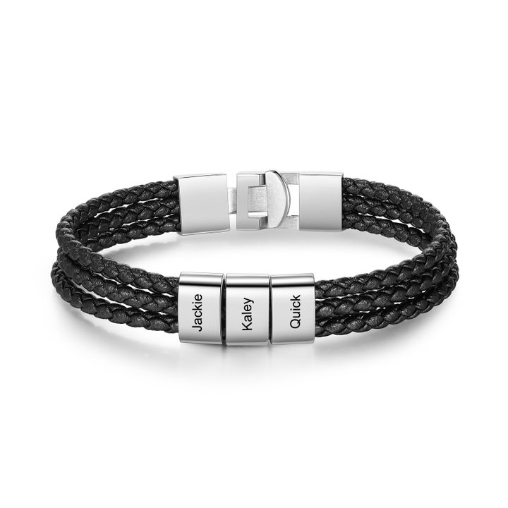 Personalized Braided Leather Bracelet Engraved 3 Names Men's Bracelet Gifts For Him