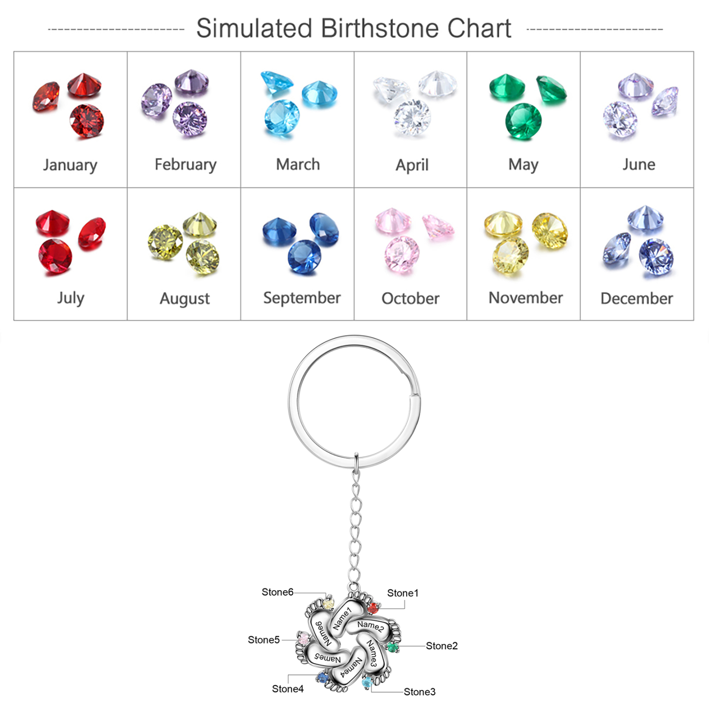 Personalized Baby Feet Keychain With 6 Birthstones Engraved names Keychain Gifts For Mother