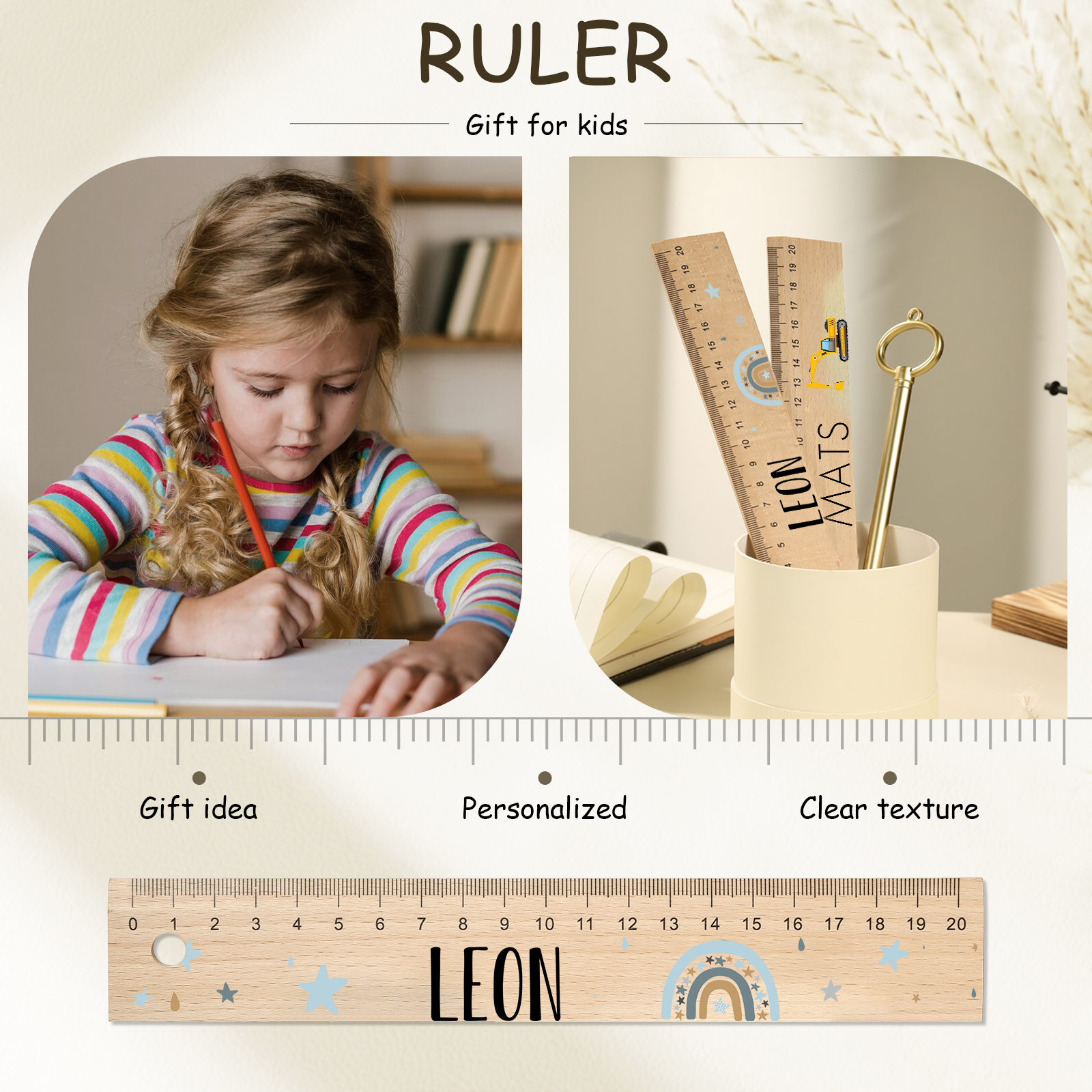 Custom 1 Name Ruler Wooden Ruler Back To School Gift for Boys Girls