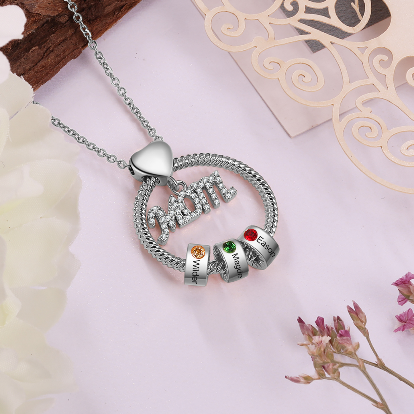 3 Names-Personalized Mom Necklace Set With Premium Rotating Rose Flower Gift Box-Custom Necklace With 3 Birthstones Engraved Names Gift For Mother
