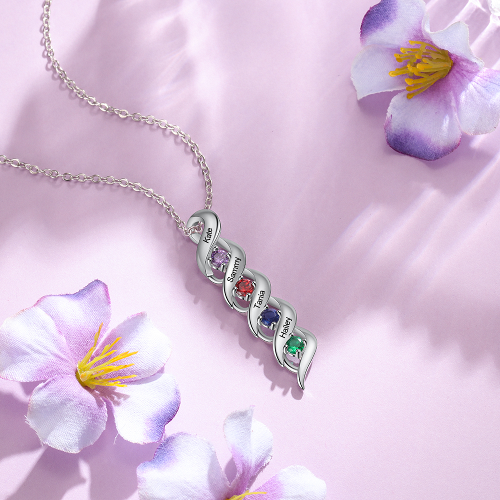 4 Names-Personalized Necklace Cascading Pendant with 4 Birthstones Engraving 4 Names Gifts for Her
